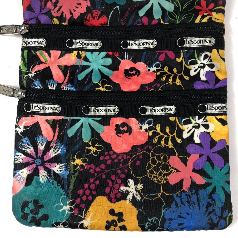 Vibrant LeSportsac Crossbody Pouch Bag Black Floral Multi-Zip Travel Shoulder - Picture 2 of 10